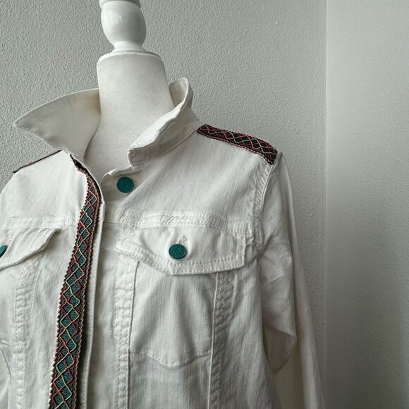 White Denim Jacket Custom Floral Design Painted Back SZ L - Picture 6 of 13